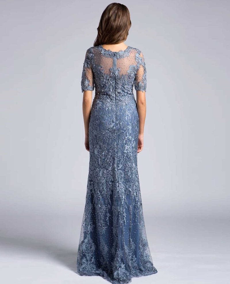 Lara 33604 Lace V Neck Dress slate blue A line lace dress with 3/4 sleeves 