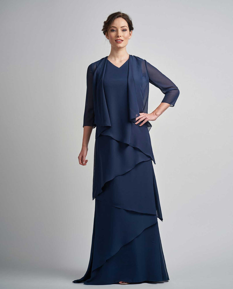 Navy Jade M210002 Charlotte Chiffon Dress with V-Neckline and Jacket mother of the bride