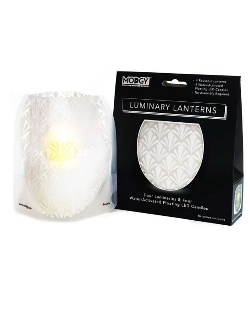 Modgy LUM3015 Royale Luminary Expandable Lantern Set white plastic luminaries with LED candles