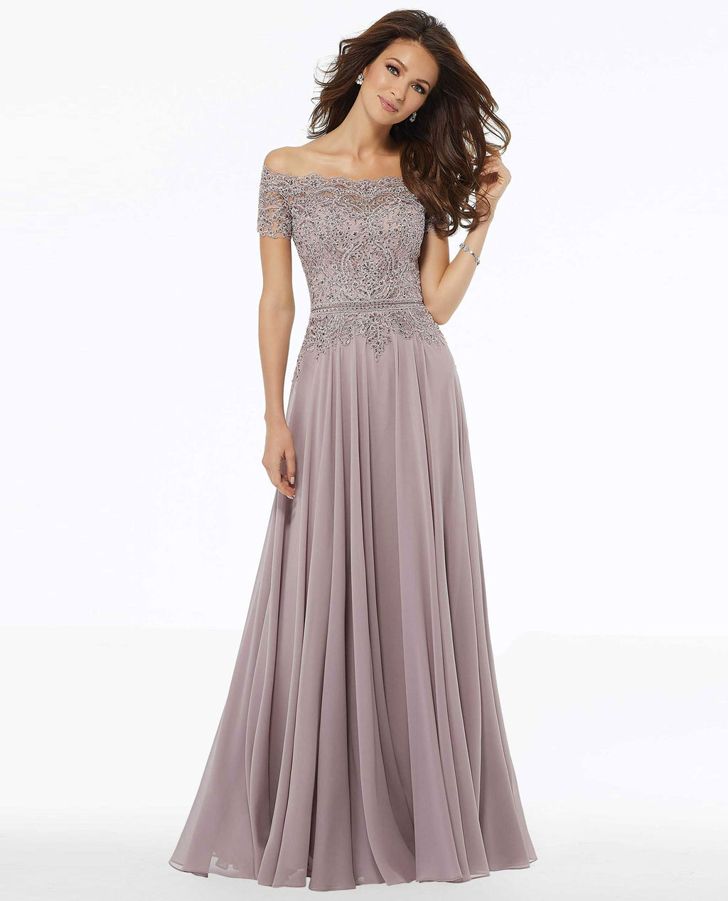 Mori Lee Beaded Off The Shoulder Gown with Lace - The Clothing Cove