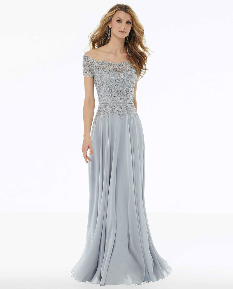 Mori Lee 72133 Beaded Off The Shoulder Gown with Lace Silver
