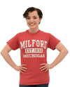 Red Milford MI Tee women's basic t-shirt that says Milford MI Est. 1832