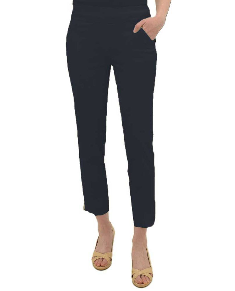 Midnight Navy Renuar R1772 Pull On Ankle Pants with stretch, zip pockets, slit detail, tapered legs