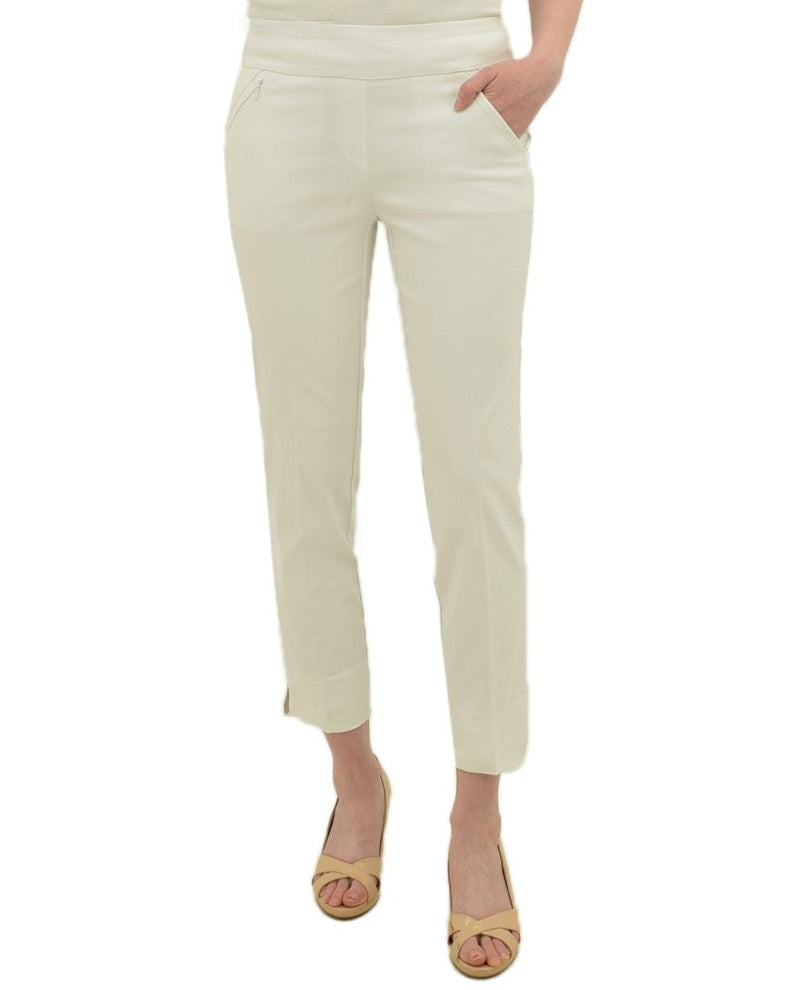 White Renuar R1772 Pull On Ankle Pants with stretch have zip pockets, slit detail, tapered pant legs