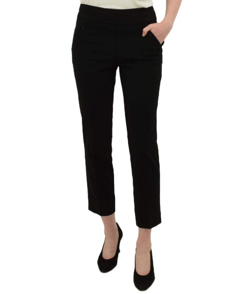 Black Renuar R1772 Pull On Ankle Pants with stretch have zip pockets, slit detail, tapered pant legs
