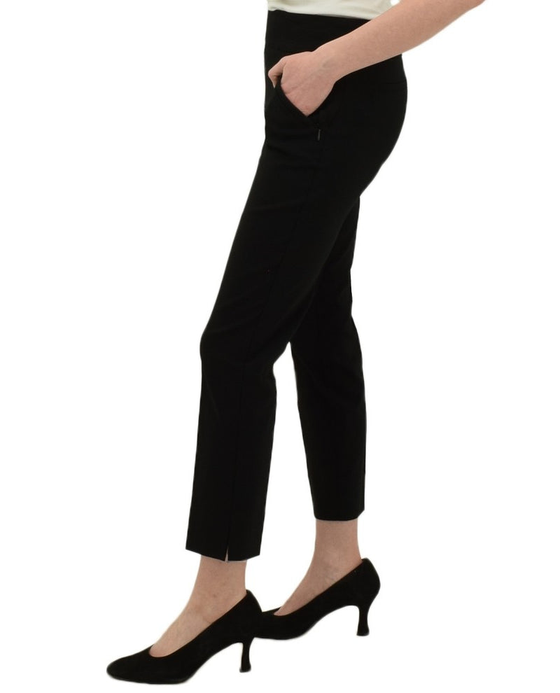 Black Renuar R1772 Pull On Ankle Pants with stretch have zip pockets, slit detail, tapered pant legs