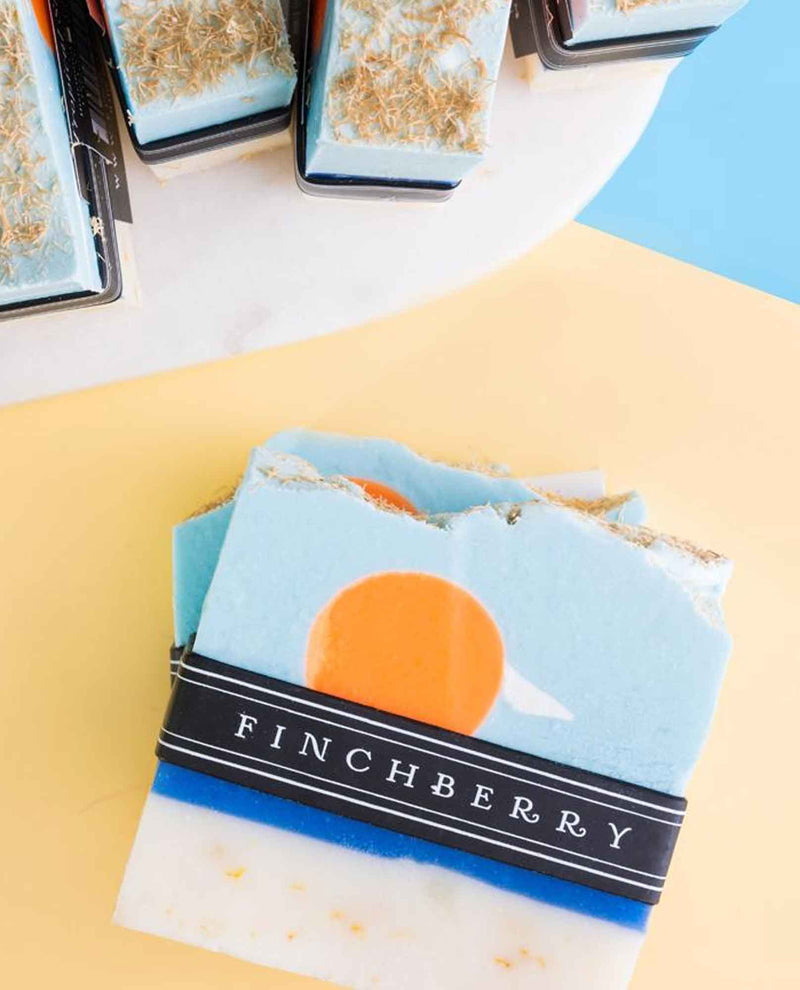 FinchBerry Tropical Sunshine Soap tropical scent handmade soap with a marbled sunset design 