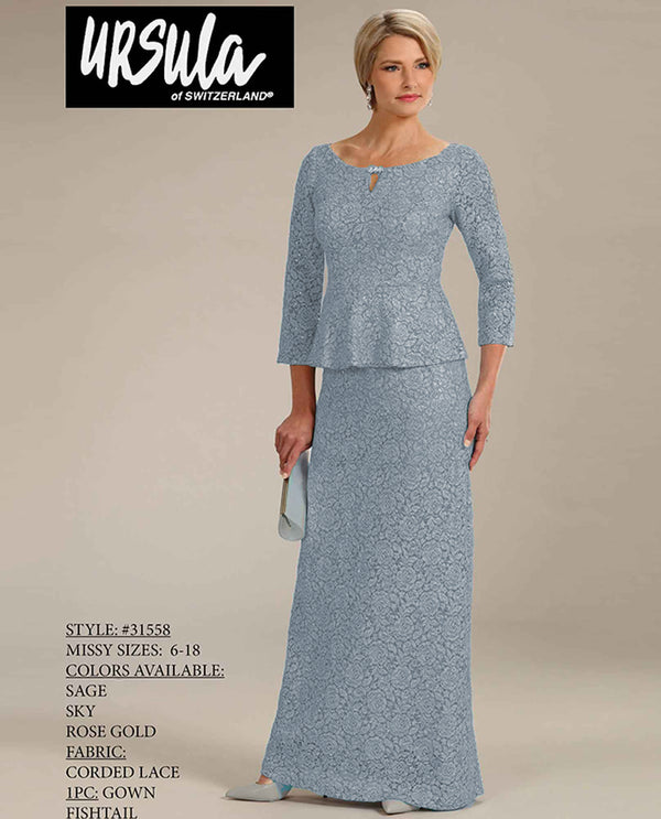Ursula 31558 Lace Peplum 3/4 Sleeve Dress Skyblue