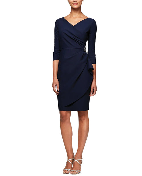 alex evenings scuba dress Alex Evenings Dress Women's Size 8 Navy Blue Beaded Ruched V Neck Cocktail Scuba