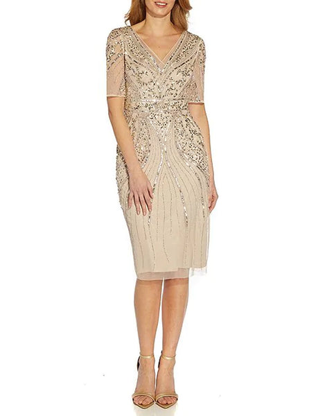 adrianna papell beaded long dress biscotti AP1E209809 V NECK 3/4 SLEEVE This formal dress features