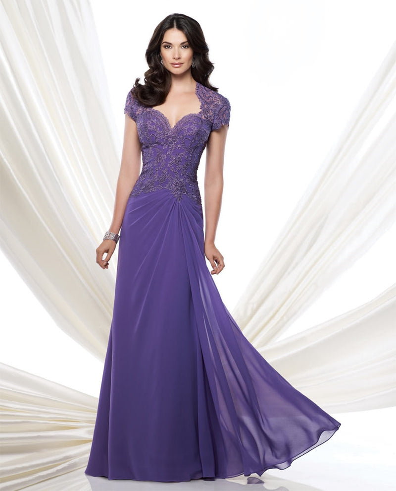 Montage 115974 Lace Cap Sleeve purple mother of the bride gown with chiffon sweep train skirt
